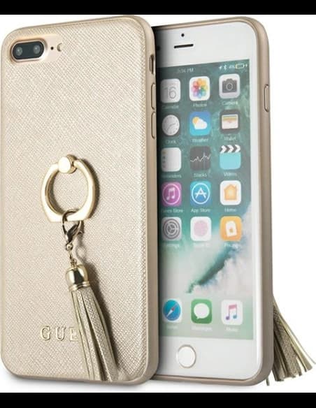 Etui Guess GUHCI8LRSSABE Apple iPhone 8/7 Plus béžové tvrdé pouzdro Saffiano s kroužkovým stojánkem