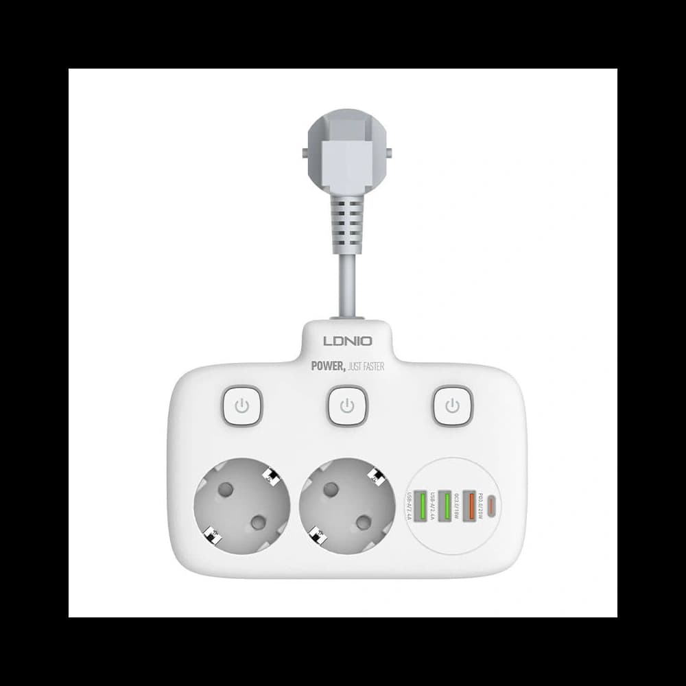 Prelungitor cu 2 prize AC, 3x USB, USB-C, LDNIO SE2435, 2500W (alb) - 1