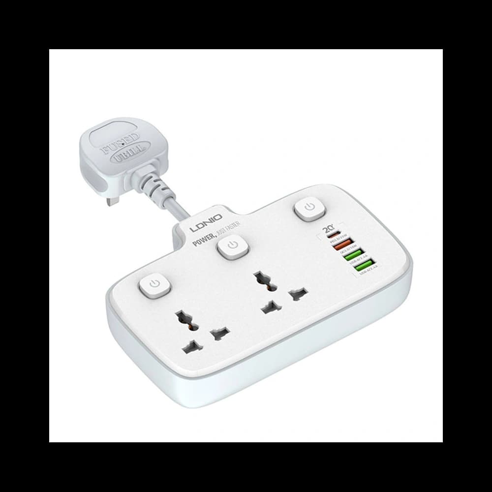 Power strip with 2 AC outlets LDNIO SC2413, 3x USB, 1x USB-C, 2500W (white) - 1