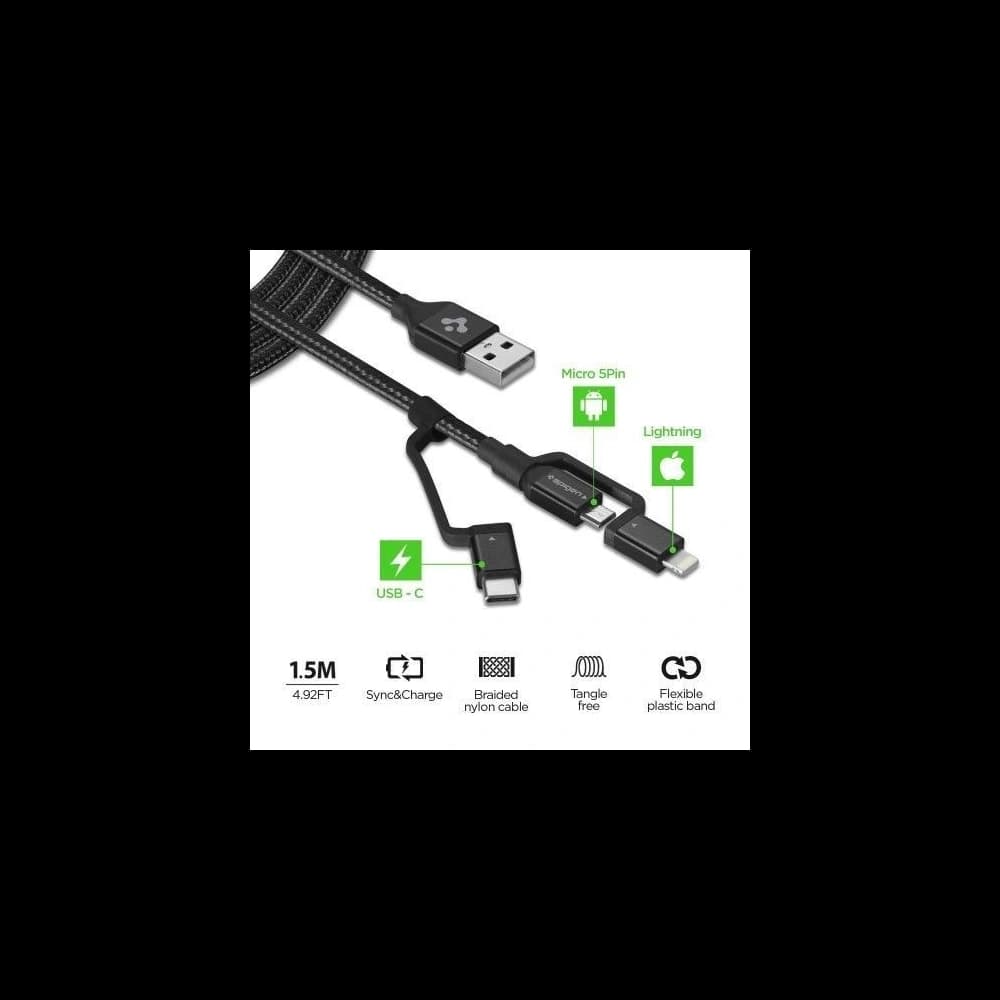 Spigen C10I3 3w1 USB-C, Lightning & microUSB Kábel 150cm Fekete - 2
