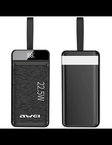 Powerbank AWEI P140K 30000mAh 22.5W negru/black 3xUSB/PD/Lightning display + lampă LED