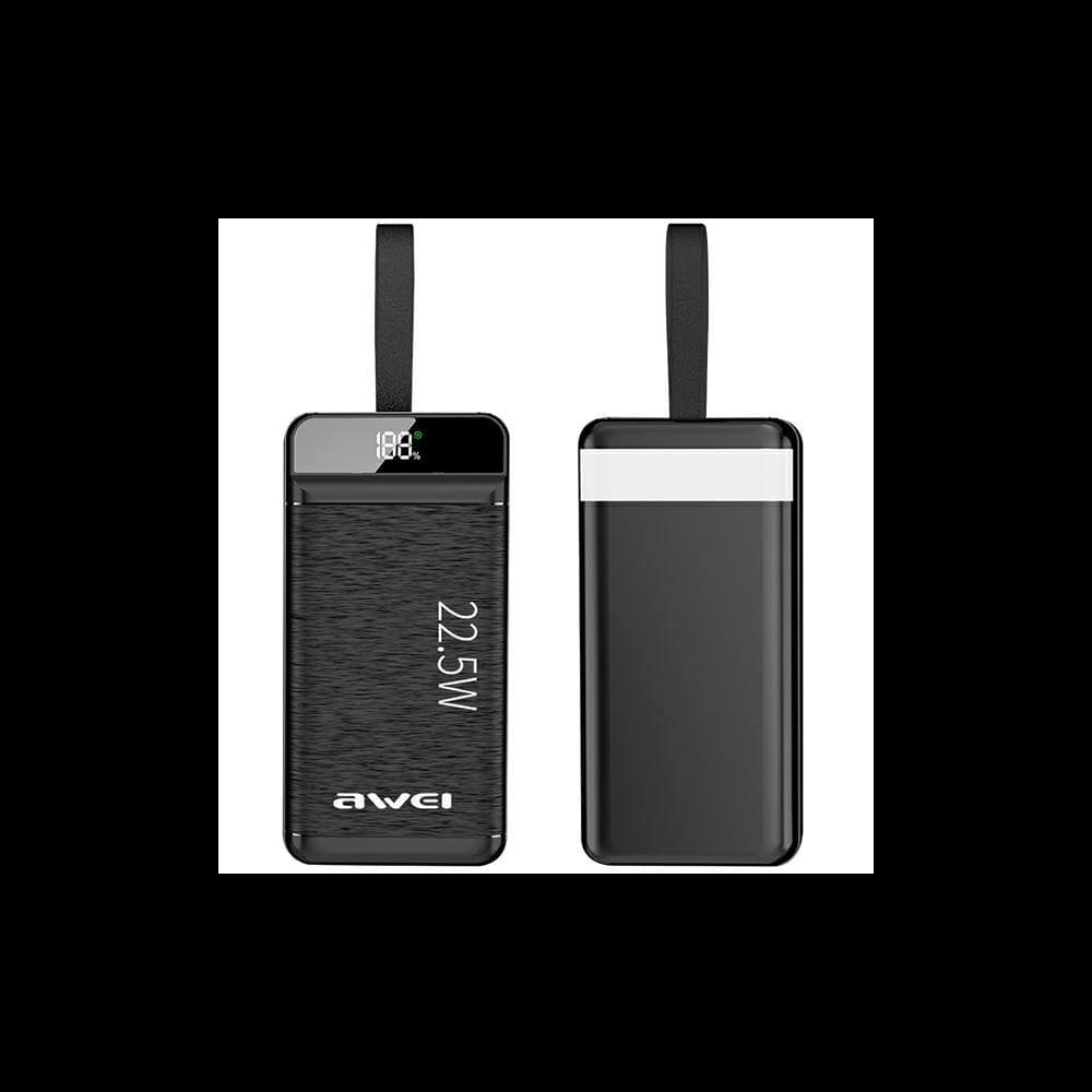 Powerbank AWEI P140K 30000mAh 22.5W negru/black 3xUSB/PD/Lightning display + lampă LED - 1