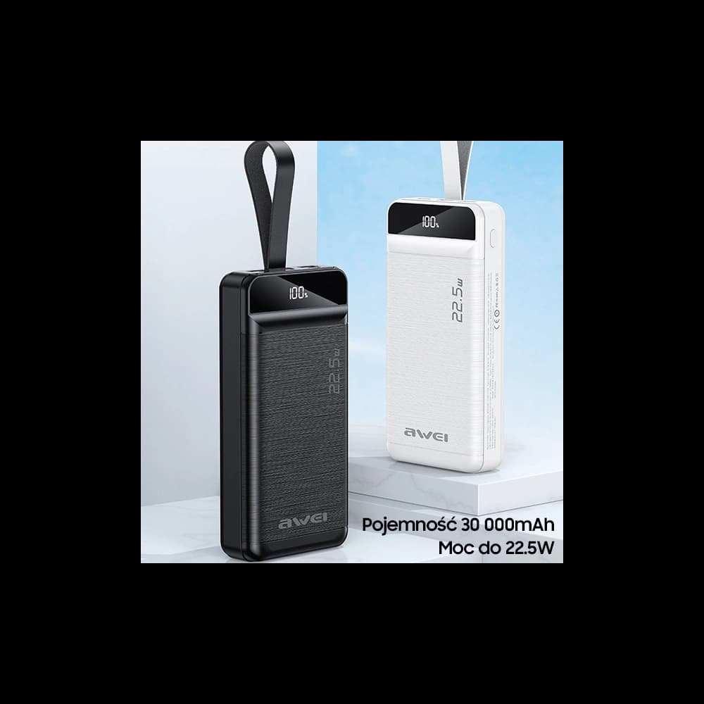 Powerbank AWEI P140K 30000mAh 22.5W negru/black 3xUSB/PD/Lightning display + lampă LED - 2