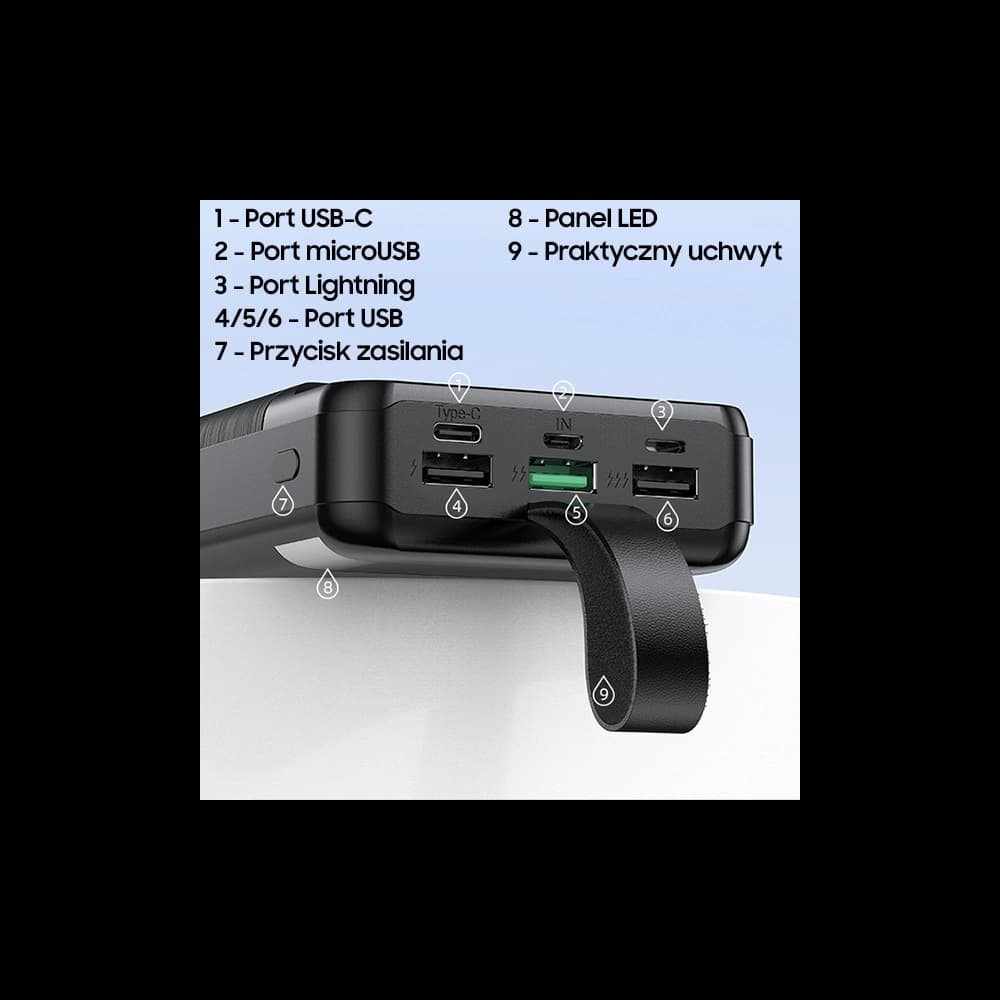 Powerbank AWEI P140K 30000mAh 22.5W negru/black 3xUSB/PD/Lightning display + lampă LED - 7