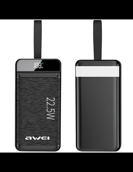 AWEI P141K 40000mAh 22.5W powerbank fekete/black 3xUSB/PD/Lightning kijelző + LED lámpa