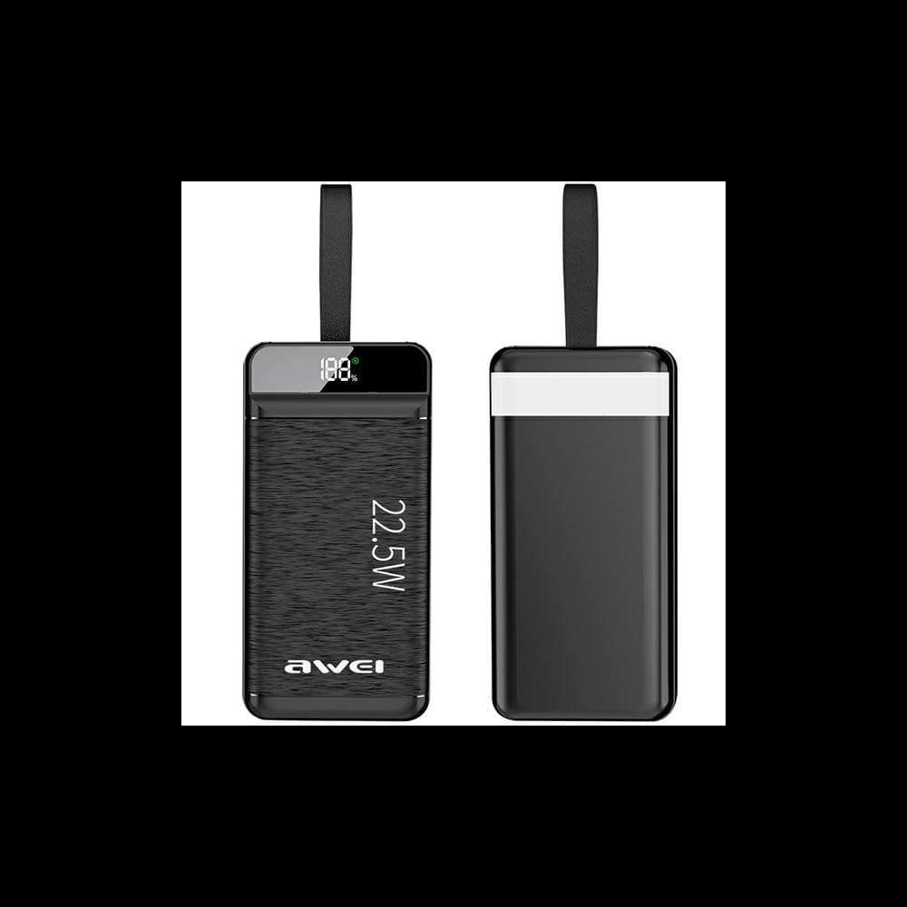 AWEI P141K 40000mAh 22.5W powerbank fekete/black 3xUSB/PD/Lightning kijelző + LED lámpa - 1
