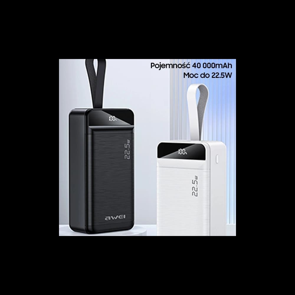 AWEI P141K 40000mAh 22.5W powerbank fekete/black 3xUSB/PD/Lightning kijelző + LED lámpa - 2