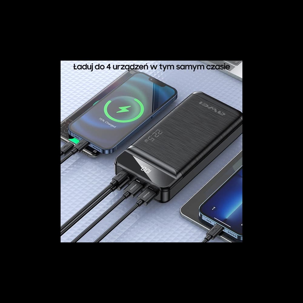 AWEI P141K 40000mAh 22.5W powerbank fekete/black 3xUSB/PD/Lightning kijelző + LED lámpa - 3