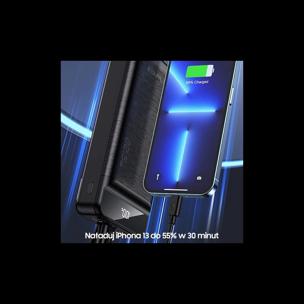 AWEI P141K 40000mAh 22.5W powerbank fekete/black 3xUSB/PD/Lightning kijelző + LED lámpa - 5