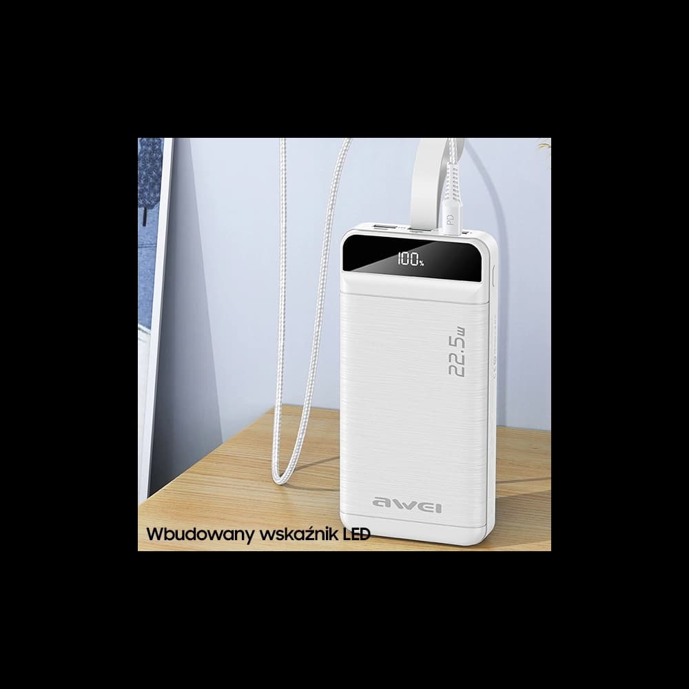 AWEI P141K 40000mAh 22.5W powerbank fekete/black 3xUSB/PD/Lightning kijelző + LED lámpa - 6