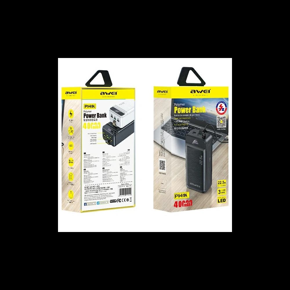 AWEI P141K 40000mAh 22.5W powerbank fekete/black 3xUSB/PD/Lightning kijelző + LED lámpa - 10