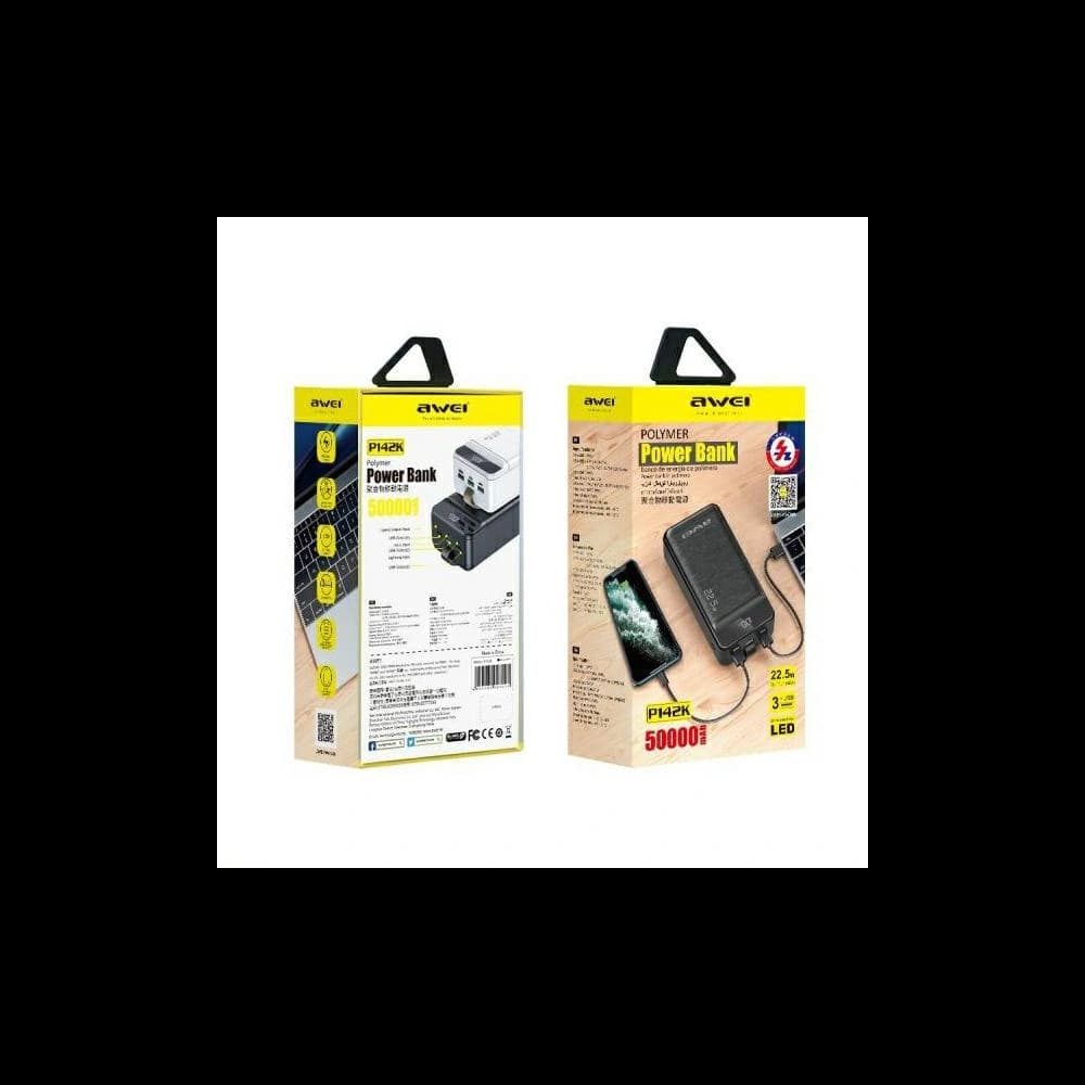 Powerbank AWEI P142K 50000mAh 22.5W negru/black 3xUSB/PD/Lightning display + lampă LED - 3