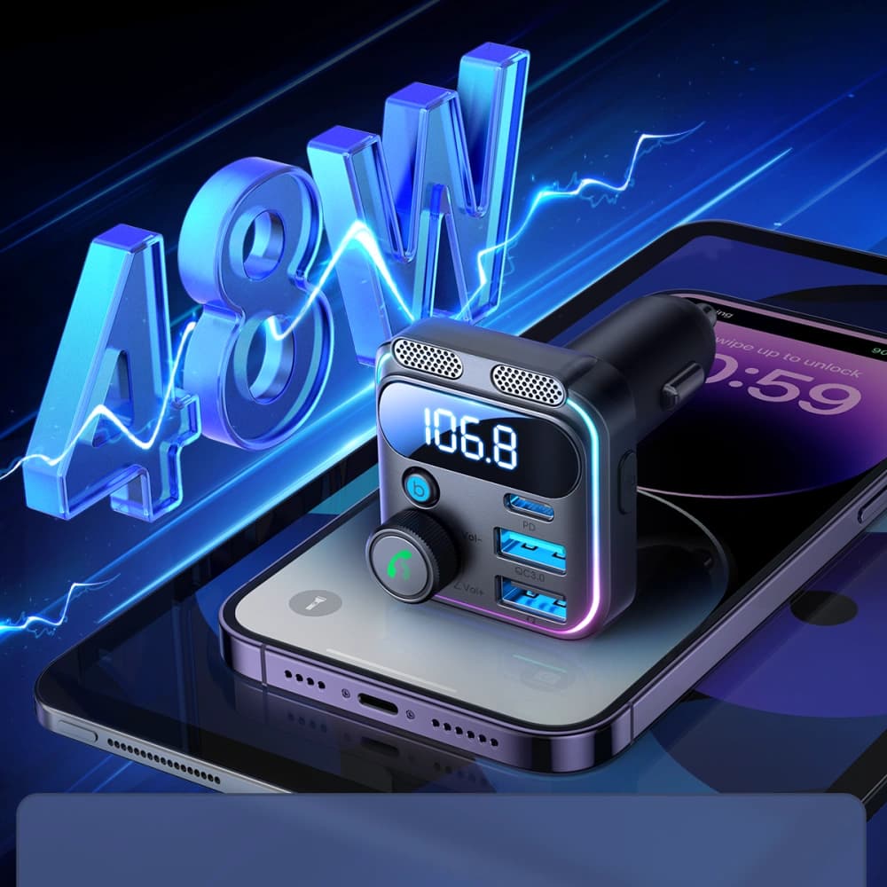 Joyroom Transmițător FM JR-CCB01 2xUSB-A USB-C 48W cu microfon dublu negru - 8