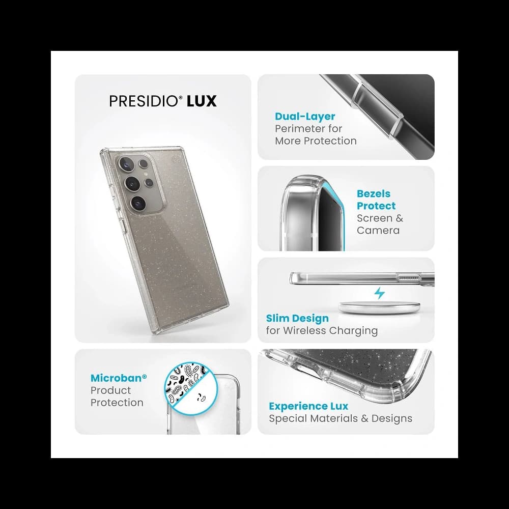 Etui Speck Presidio Lux Glitter Samsung Galaxy S24 Ultra čiré/zlaté třpytky - 13