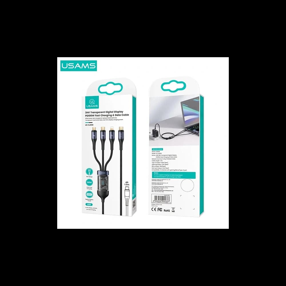 Kábel 3w1 USAMS US-SJ600 USB-C / Lightning / microUSB / USB-C 100W 1,2m fekete/black - 5