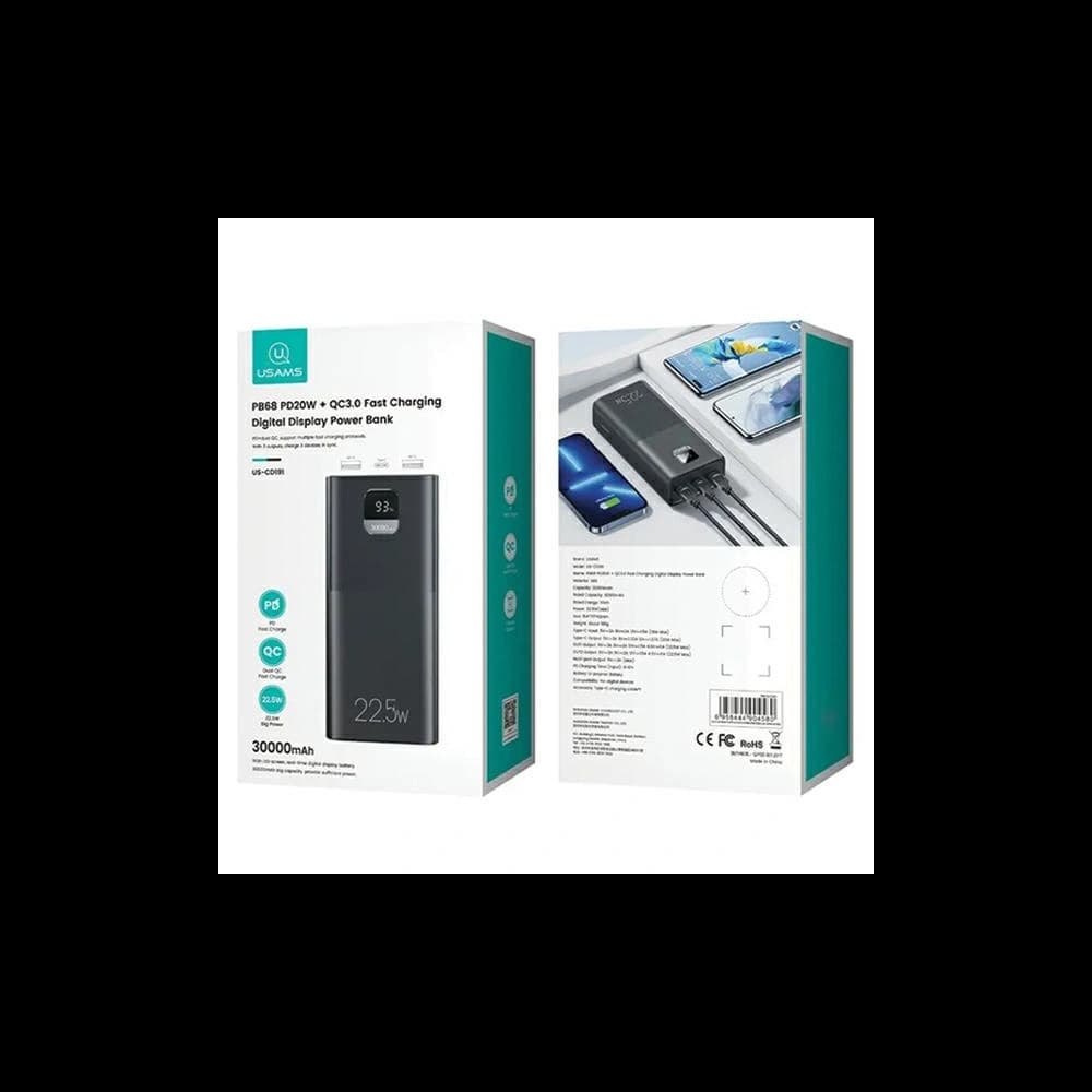 Powerbank USAMS PB68 30000mAh 2xUSB-A, USB-C, 20W, PD, QC 3.0 cu display negru/black - 9