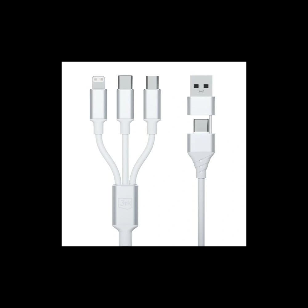 Kábel 3MK Hyper 3w1 USB-A - USB-C / USB-C, microUSB, Lightning 1.5m Fehér/White - 3