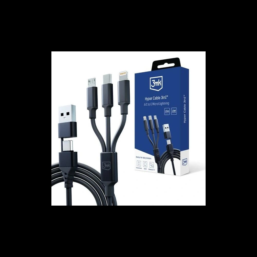 Kábel 3MK Hyper 3w1 USB-A - USB-C / USB-C, microUSB, Lightning 1.5m Fekete/Black - 1