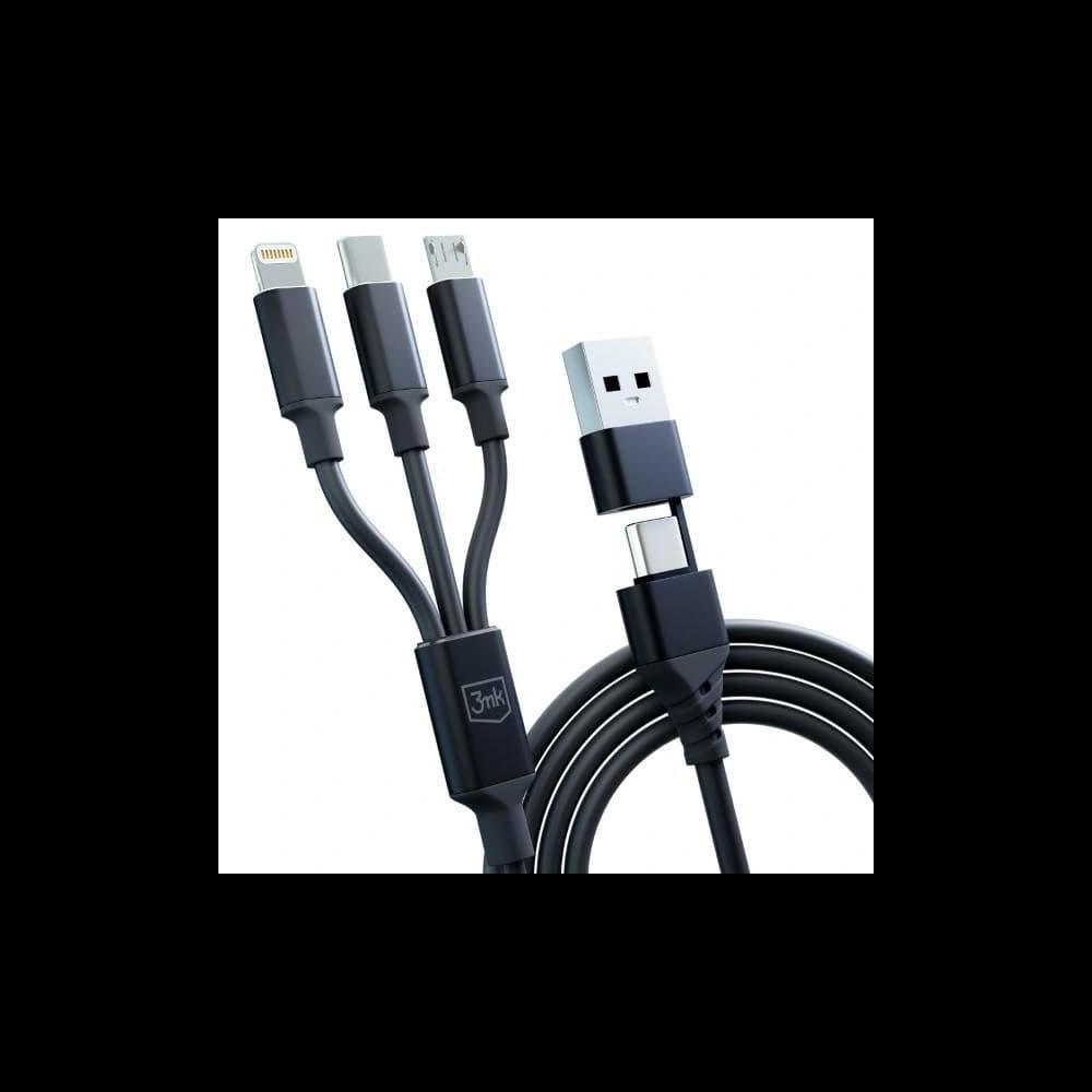Kábel 3MK Hyper 3w1 USB-A - USB-C / USB-C, microUSB, Lightning 1.5m Fekete/Black - 9