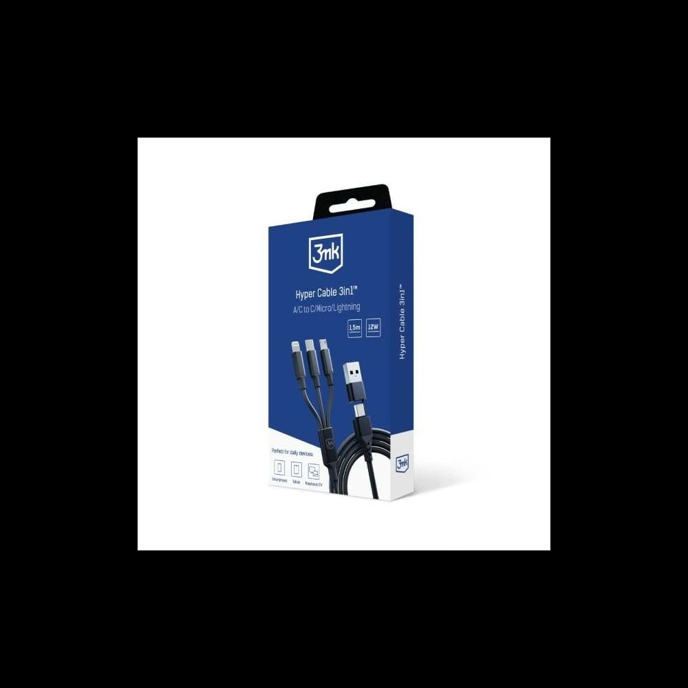 Kábel 3MK Hyper 3w1 USB-A - USB-C / USB-C, microUSB, Lightning 1.5m Fekete/Black - 11
