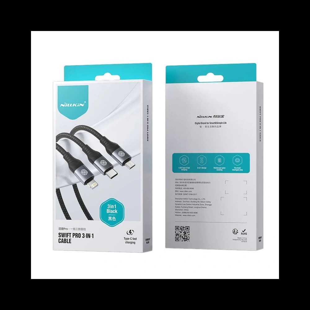 Nillkin Swift Pro 3in1 cable USB-A / microUSB 2A, USB-C 2A, Lightning 4.4A, 480Mbps, 1.5m Black - 6
