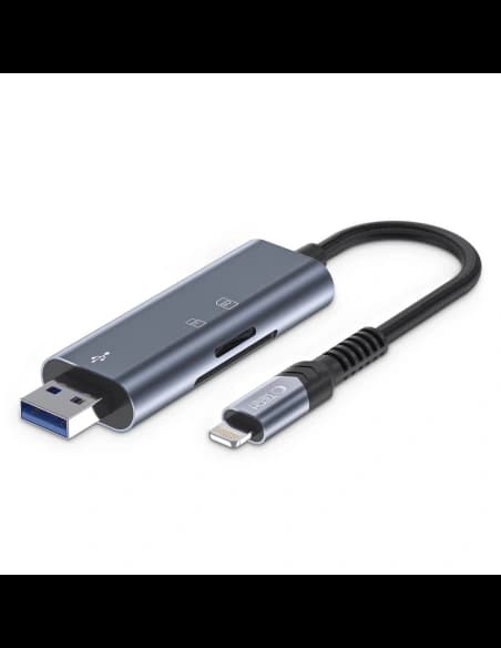Cititor de carduri Tech-Protect UltraBoost Lightning / USB-A, MicroSD, MicroSDXC, MMC Micro, RS Micro, SDHC, SDXC, SD Gri
