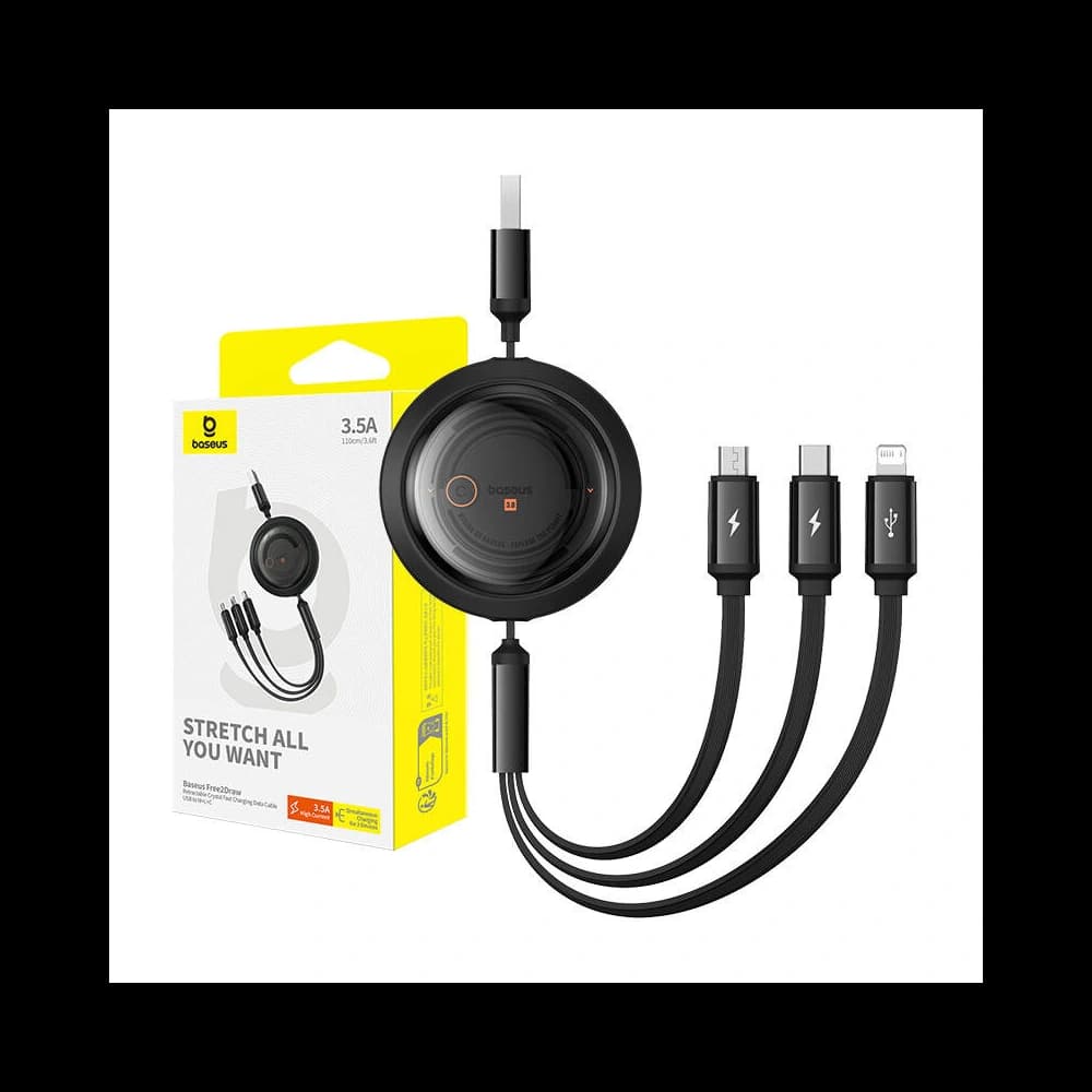 Kábel 3w1 Baseus Free2Draw USB-A / micro USB, Lightning, USB-C 3.5A 1.1m fekete - 9