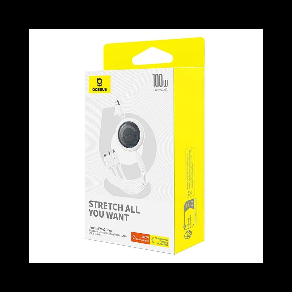 Kábel 3w1 Baseus Free2Draw USB-A / microUSB, Lightning, USB-C, 100W, 1.1 m (fehér) - 6