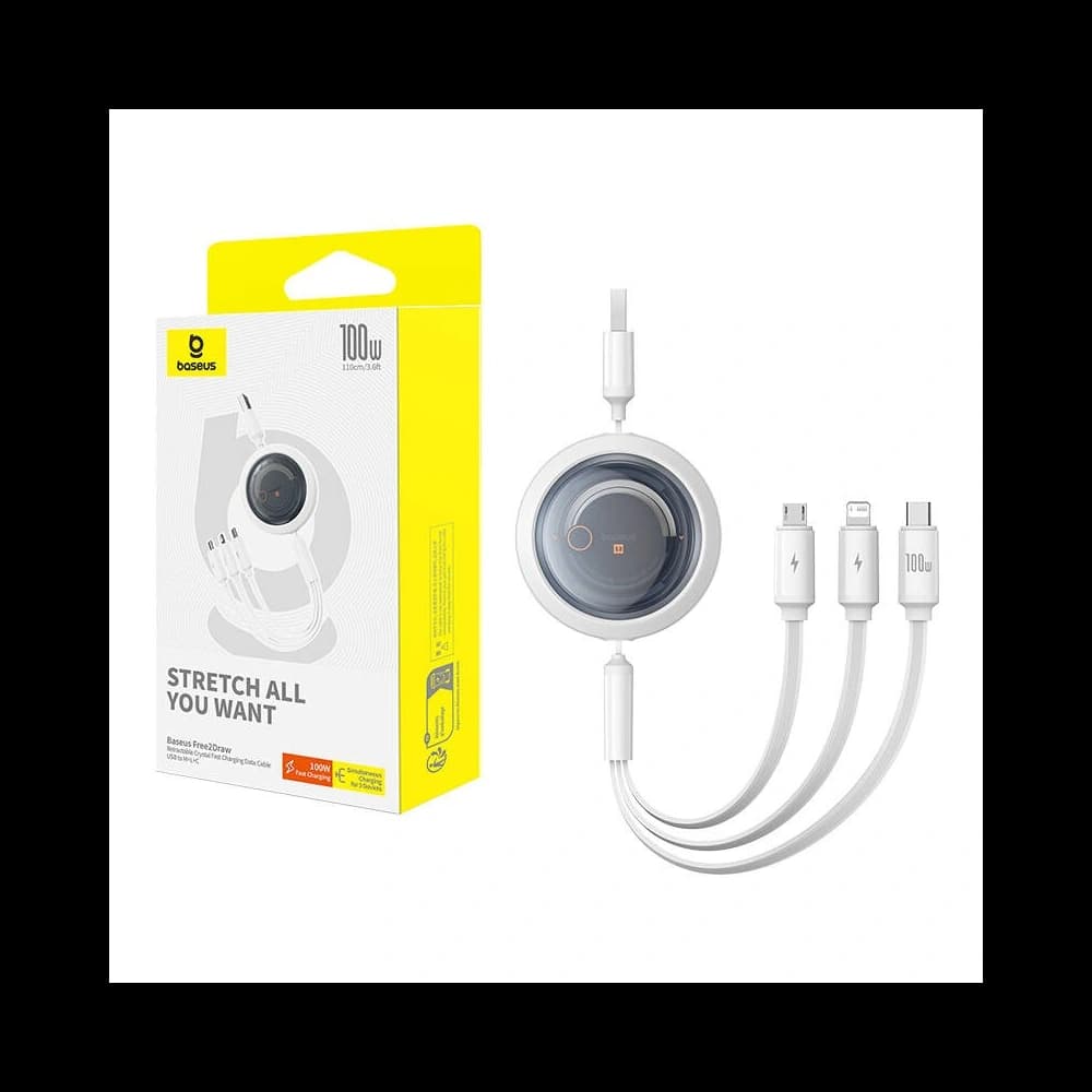 Kábel 3w1 Baseus Free2Draw USB-A / microUSB, Lightning, USB-C, 100W, 1.1 m (fehér) - 8