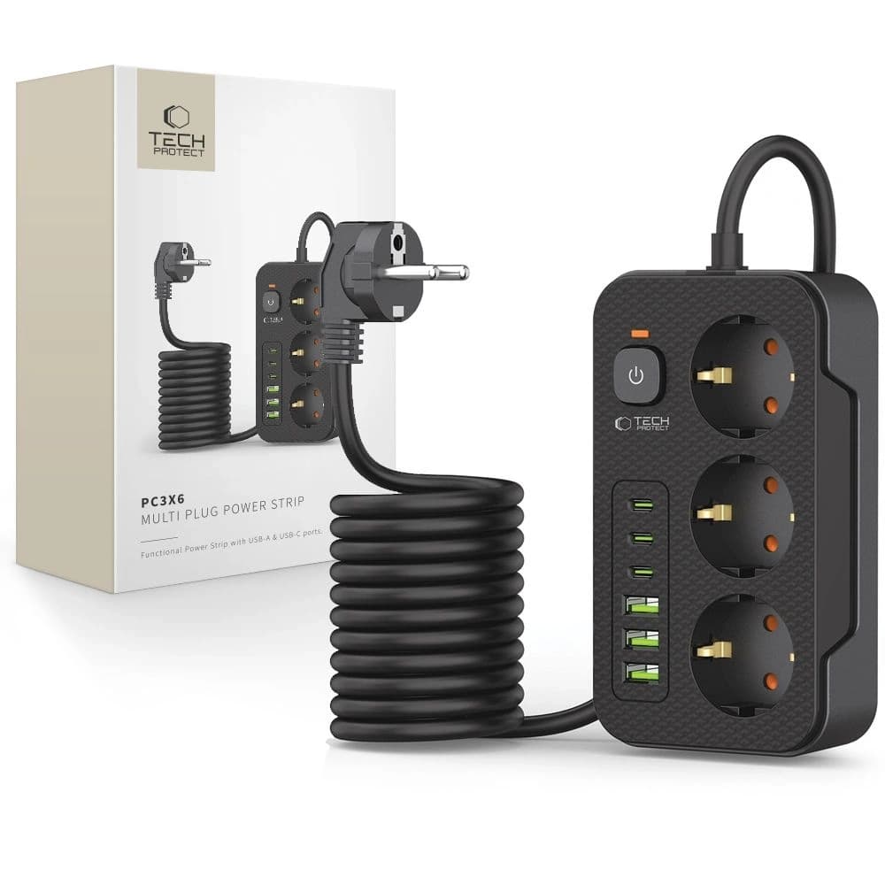 Listwa zasilająca Tech-Protect PC3X6 Power Socket 3xUSB-A, 3xUSB-C, 3xAC 200cm Black - 1