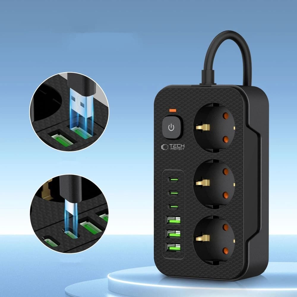 Listwa zasilająca Tech-Protect PC3X6 Power Socket 3xUSB-A, 3xUSB-C, 3xAC 200cm Black - 3