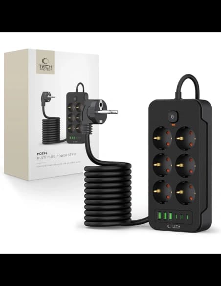 Listwa zasilająca Tech-Protect PC6X6 Power Strip 3xUSB-A, 3xUSB-C, 6xAC 200cm Black