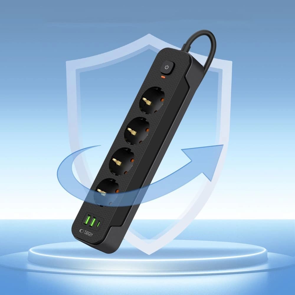 Tech-Protect PCL4X3 Power Socket Long 2xUSB-A, USB-C, 4xAC 200cm Black - 4