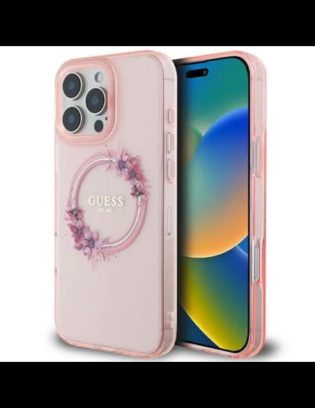 Guess GUHMP16XHFWFCP Apple iPhone 16 Pro Max Hardcase IML Blumenkranz MagSafe pink