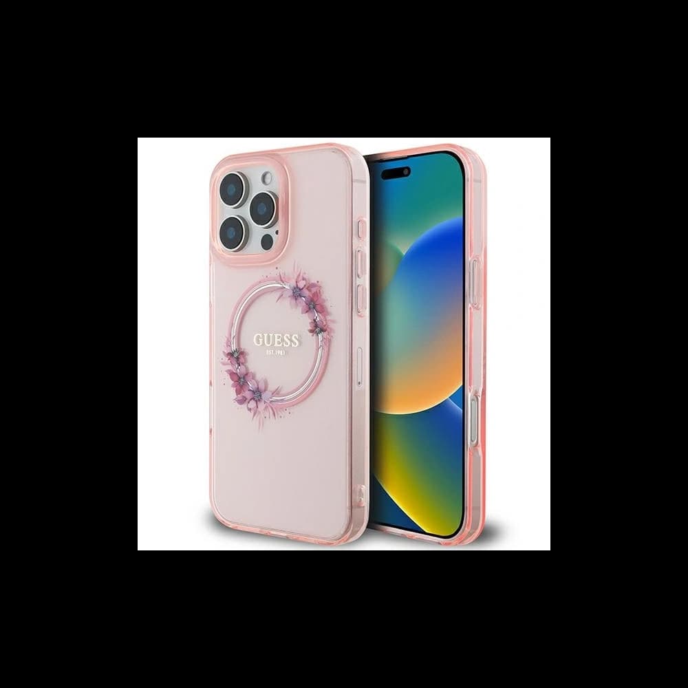 Guess GUHMP16XHFWFCP Apple iPhone 16 Pro Max Hardcase IML Blumenkranz MagSafe pink