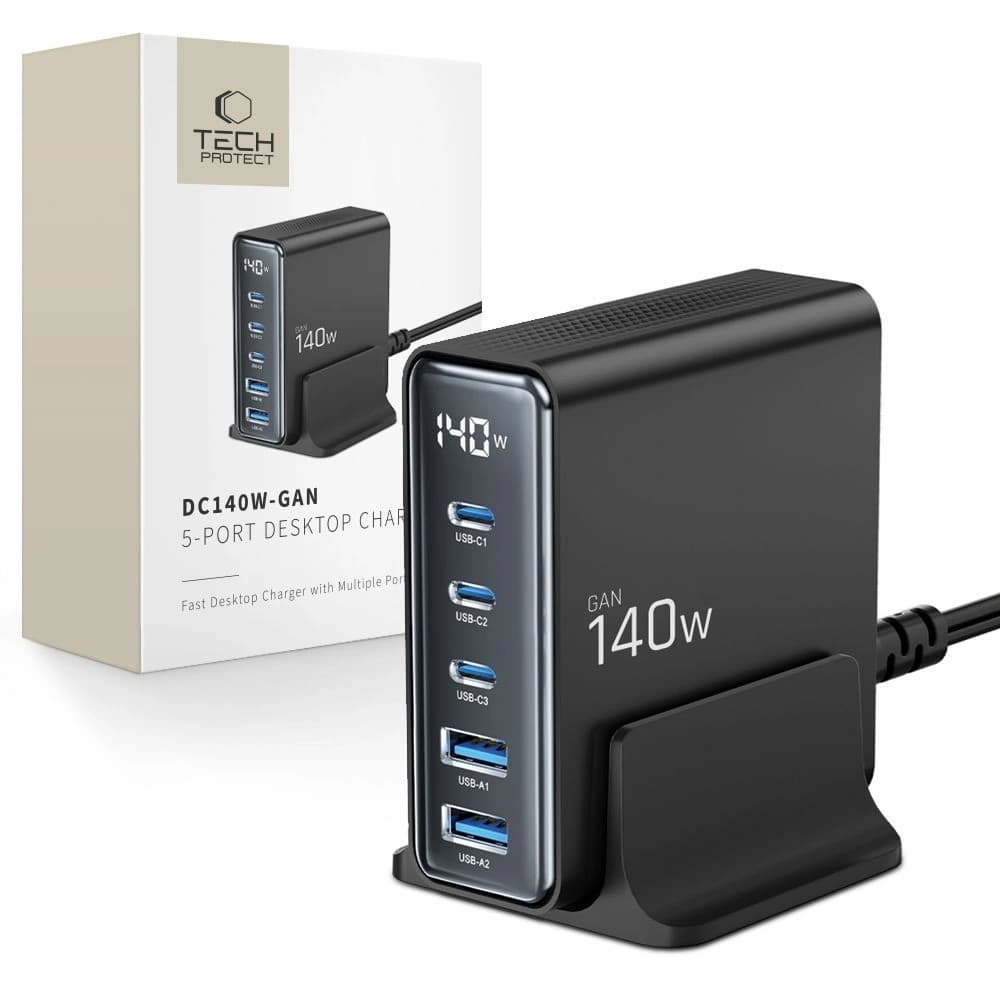 Nabíjecí stanice Tech-Protect DC140W-GAN 5 portová 2xUSB-A, 3xUSB-C Desktop Charger PD140W / QC3.0 Černá - 1