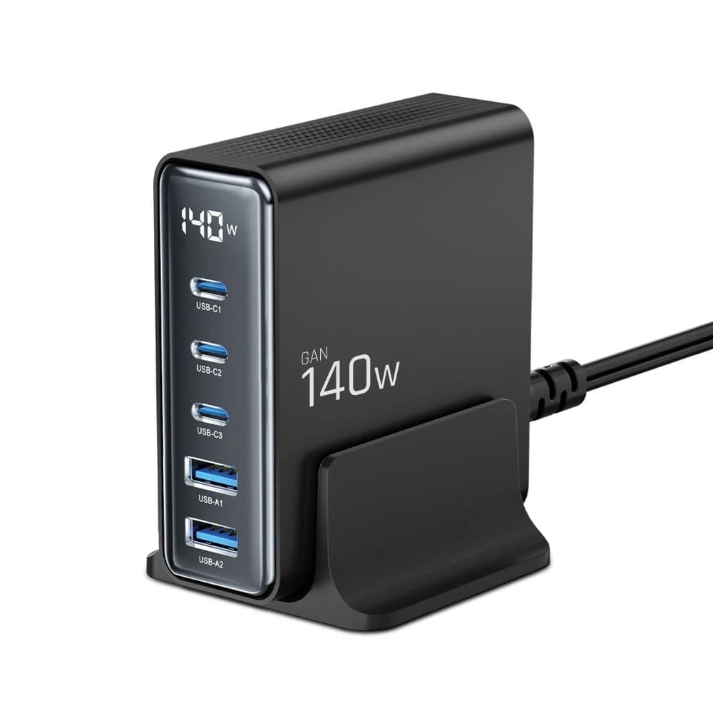 Nabíjecí stanice Tech-Protect DC140W-GAN 5 portová 2xUSB-A, 3xUSB-C Desktop Charger PD140W / QC3.0 Černá - 2