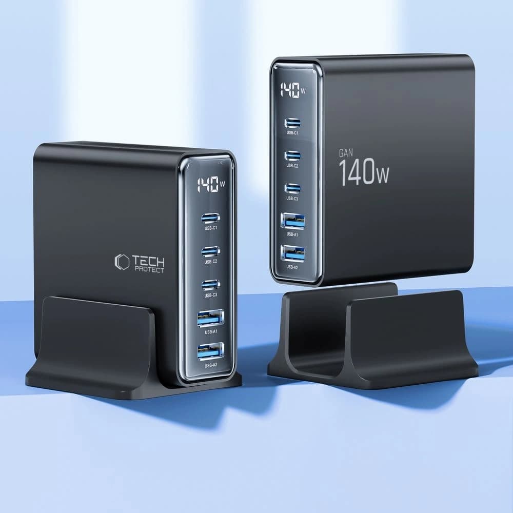 Nabíjecí stanice Tech-Protect DC140W-GAN 5 portová 2xUSB-A, 3xUSB-C Desktop Charger PD140W / QC3.0 Černá - 3