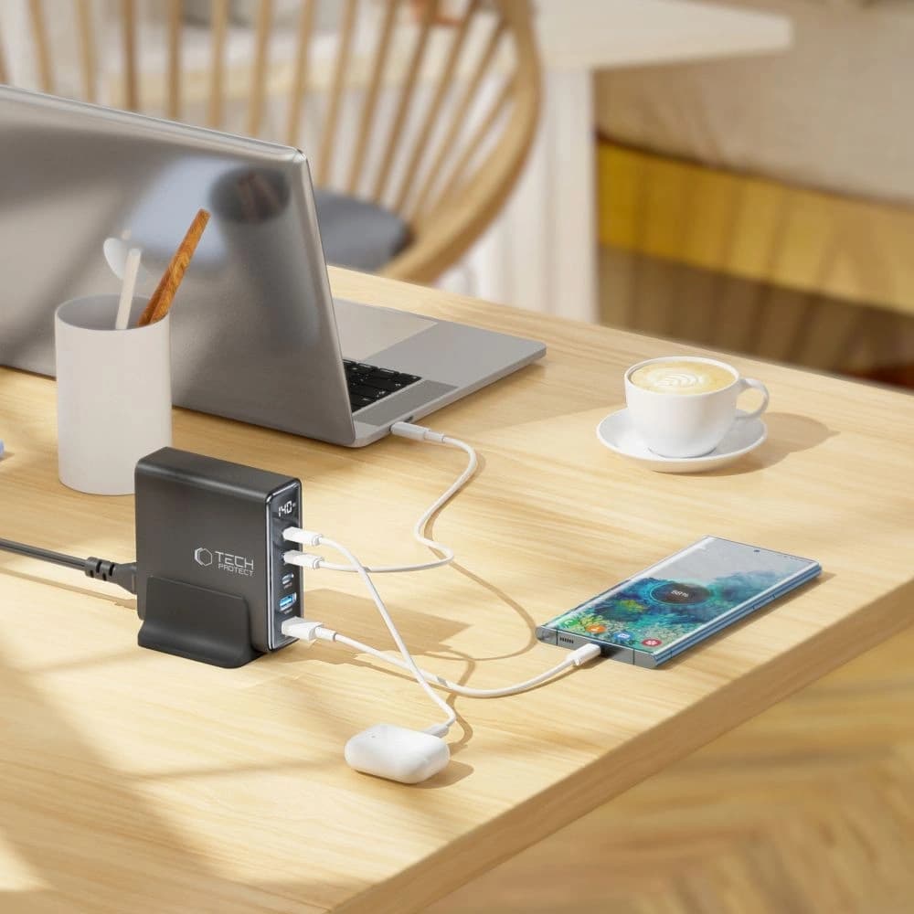 Nabíjecí stanice Tech-Protect DC140W-GAN 5 portová 2xUSB-A, 3xUSB-C Desktop Charger PD140W / QC3.0 Černá - 7
