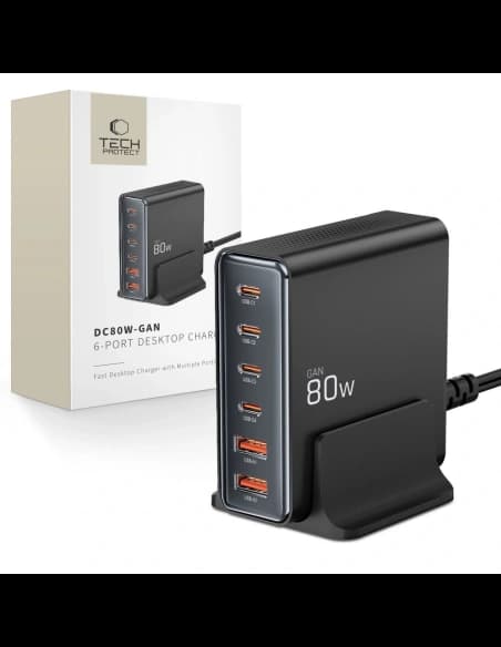 Nabíjecí stanice Tech-Protect DC80W-GAN 6portová 2xUSB-A, 4xUSB-C Desktop Charger PD80W / QC3.0 Černá