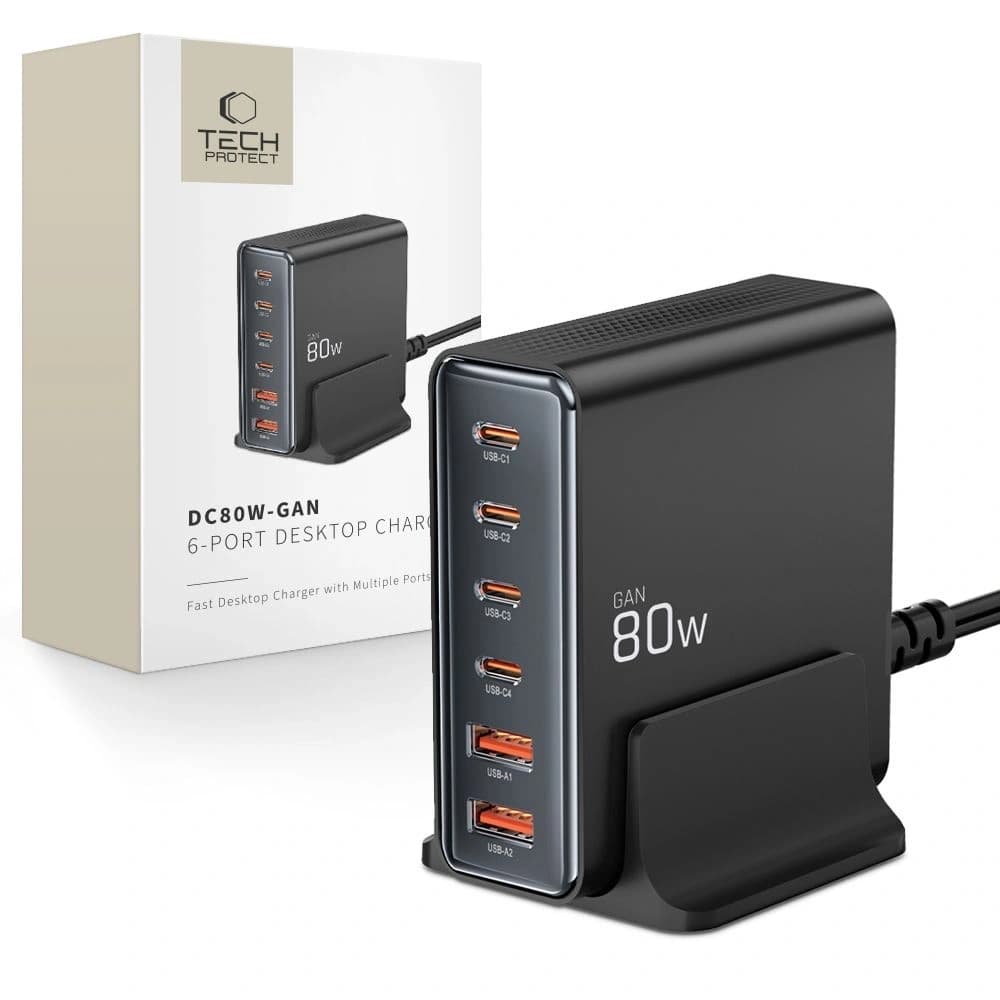 Nabíjecí stanice Tech-Protect DC80W-GAN 6portová 2xUSB-A, 4xUSB-C Desktop Charger PD80W / QC3.0 Černá - 1