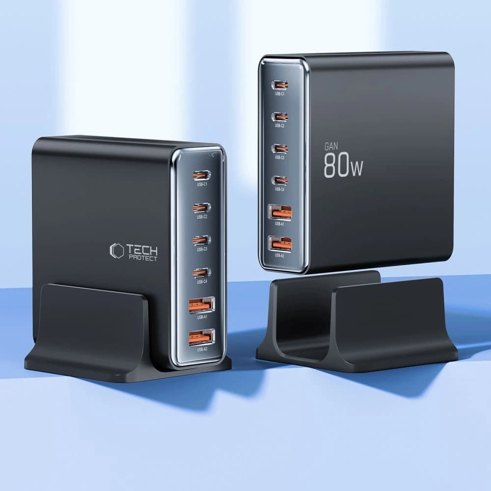 Nabíjecí stanice Tech-Protect DC80W-GAN 6portová 2xUSB-A, 4xUSB-C Desktop Charger PD80W / QC3.0 Černá - 3