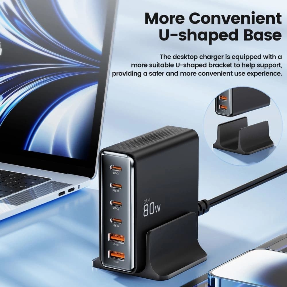 Nabíjecí stanice Tech-Protect DC80W-GAN 6portová 2xUSB-A, 4xUSB-C Desktop Charger PD80W / QC3.0 Černá - 4