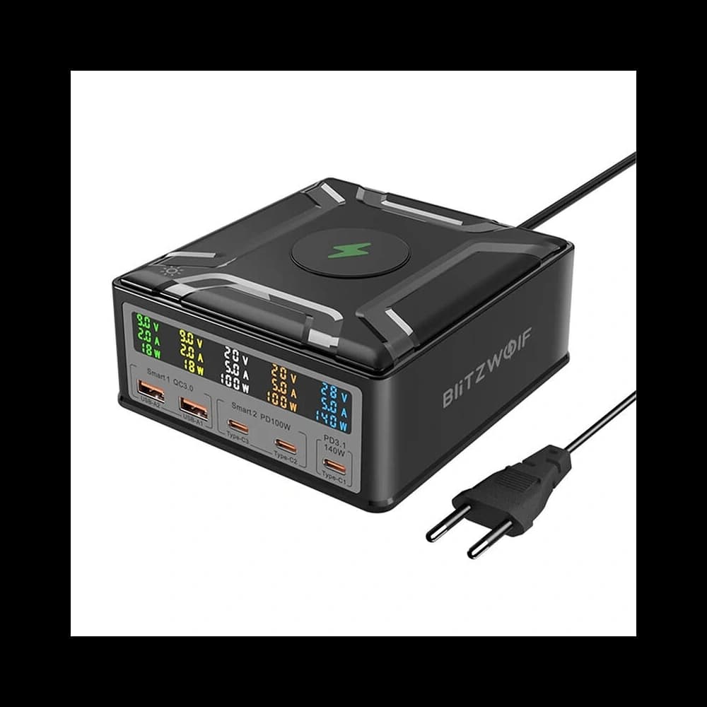 Stație de încărcare Blitzwolf BW-S28 260W, 2xUSB-A, 3xUSB-C, 15W (neagră) - 1