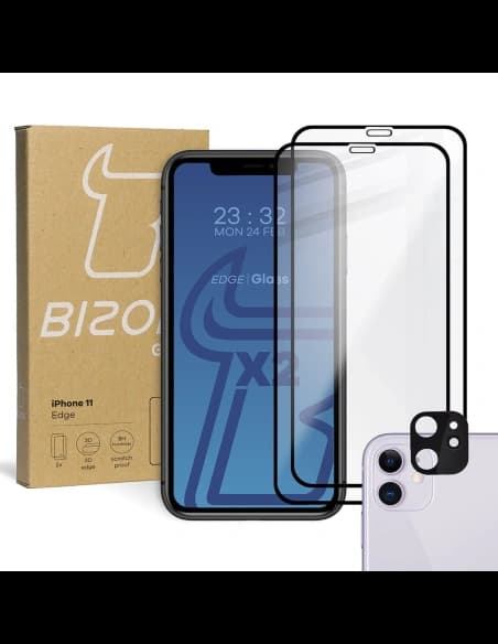 Tvrzené sklo Bizon Glass Edge CF - [2 PACK] + ochrana na objektiv Apple iPhone 11 černé