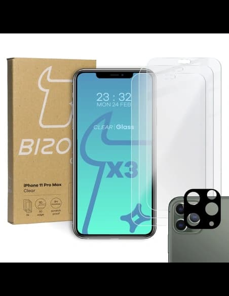 Bizon Glass Clear sticlă securizată - 3 buc. + sticlă lentilă Apple iPhone 11 Pro Max