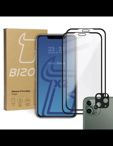 Bizon Glass Edge CF sticlă temperată - [2 PACK] + protecție pentru lentilă Apple iPhone 11 Pro Max negru
