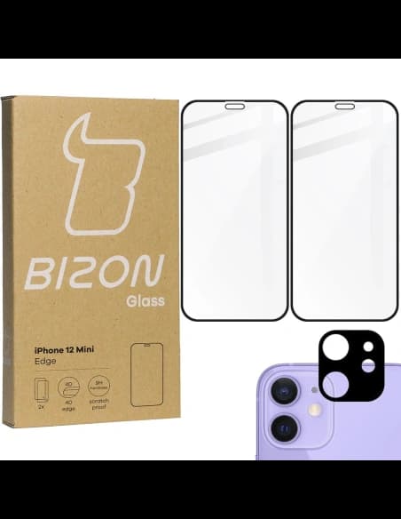 Bizon Glass Edge CF tempered glass - [2 PACK] + lens protection Apple iPhone 12 Mini black
