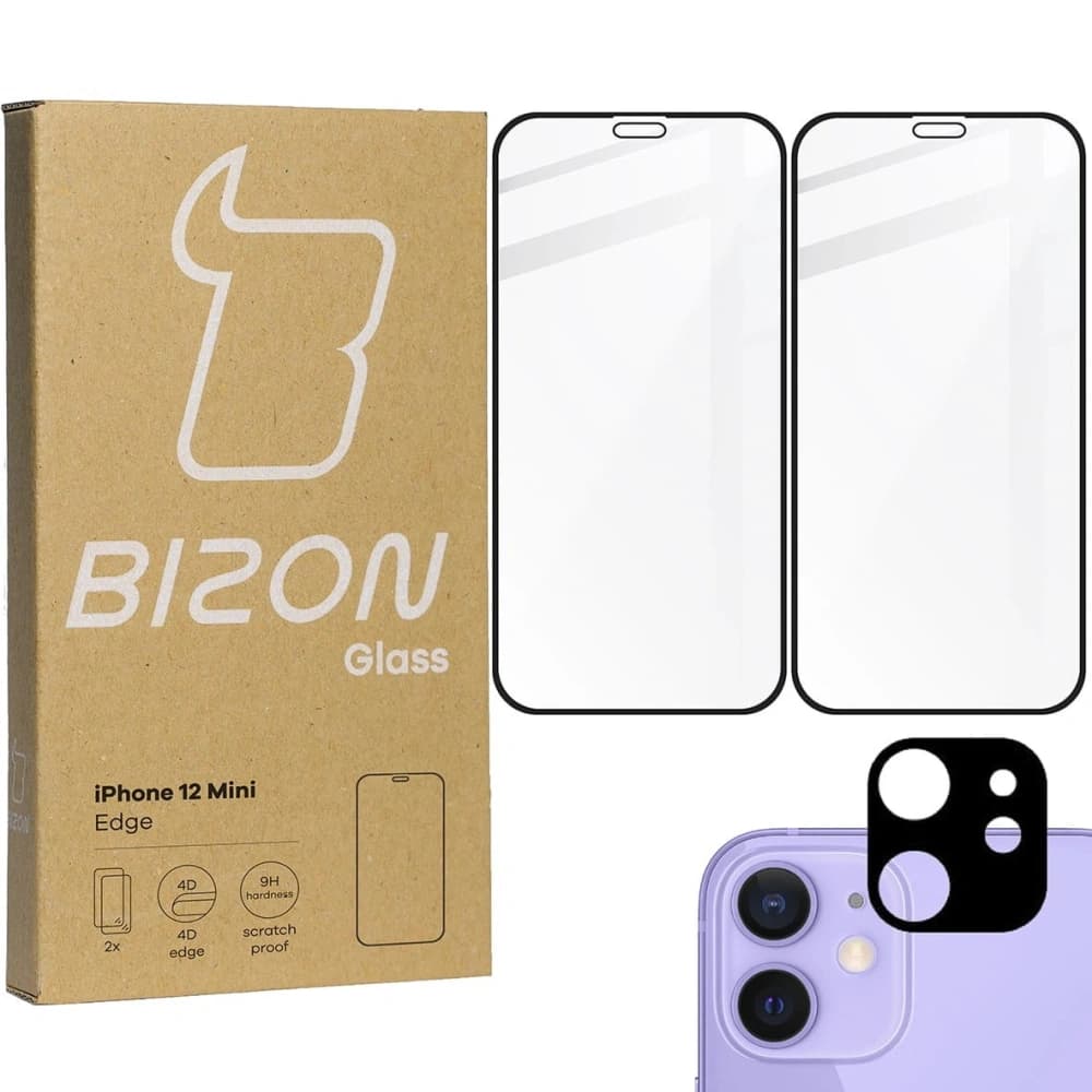Bizon Glass Edge CF tempered glass - [2 PACK] + lens protection Apple iPhone 12 Mini black - 1