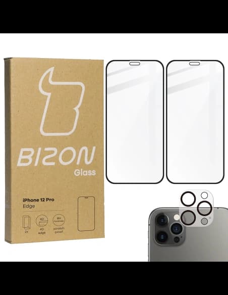 Bizon Glass Edge CF gehärtetes Glas - [2 PACK] + Linsenschutz Apple iPhone 12 Pro schwarz